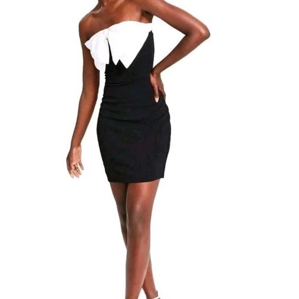 B Darlin Mini Cocktail Party Dress Juniors 5 Black White Bow Strapless Prom Hoco